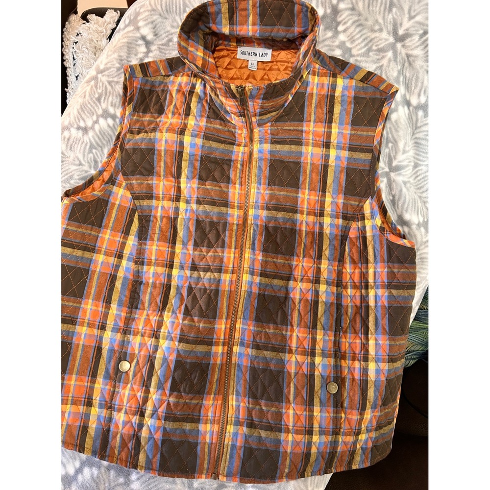 Southern Lady Quilted Vest Womens XL Plaid Zip Up Orange Blue Brown Puffer Vest